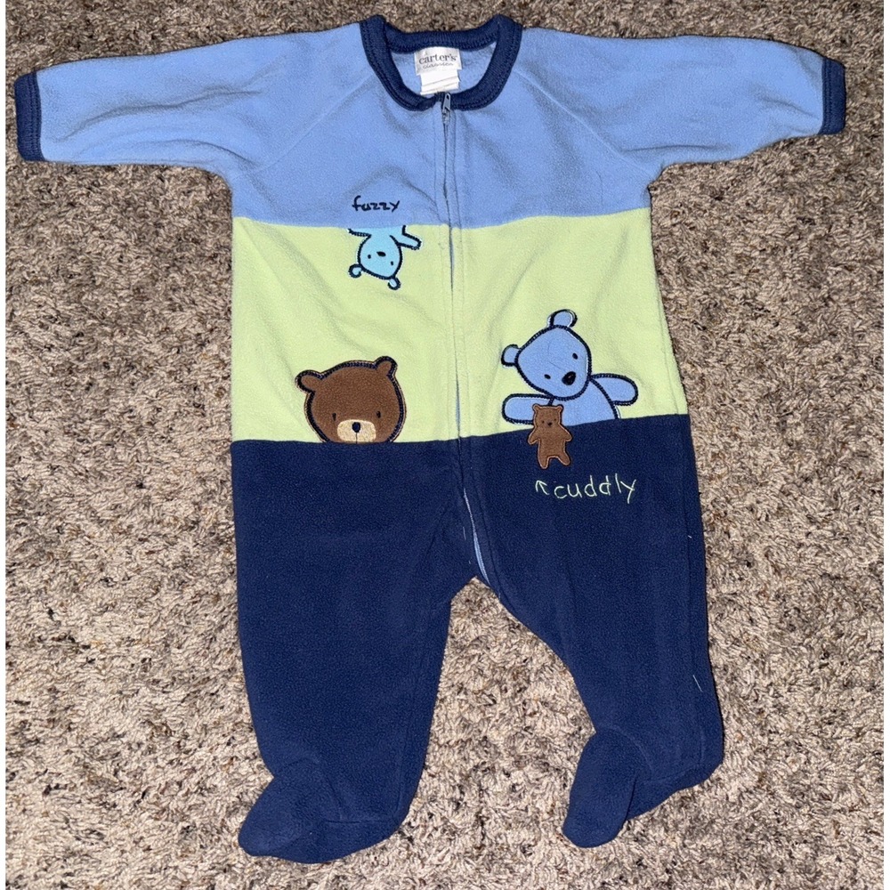 Vintage Carter's Classics 0-3 Month Bear Blue Fleece Footed Pajama Y2K Baby Boy